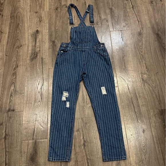 Women's Vintage Y2K Pinstripe Denim Bib Overalls Dungaree Conductor Size M/L - Picture 5 of 15